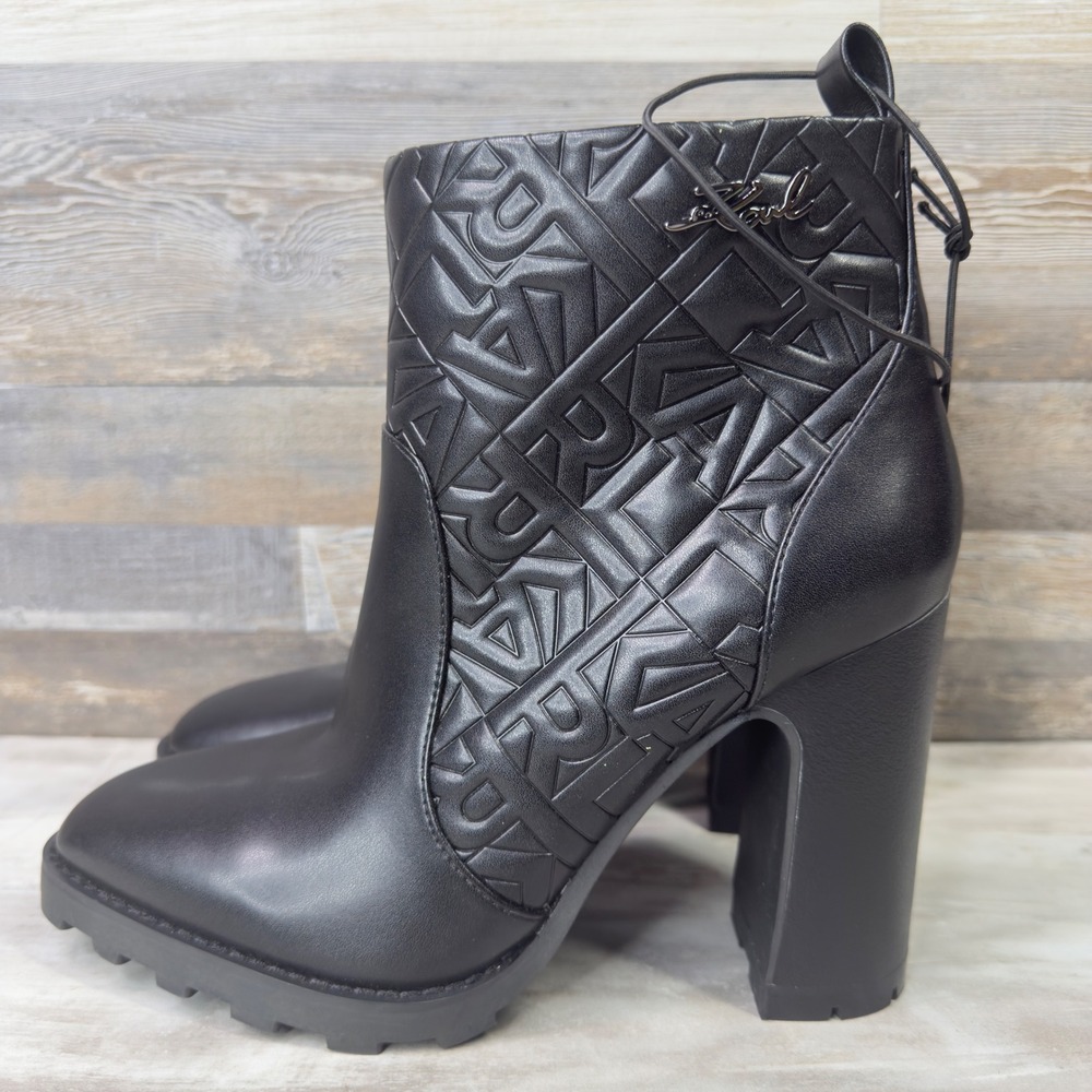 Karl Lagerfeld Petrin Women Size 8.5 Ankle Boots Quilted Logo Block Heel Black - Picture 2 of 9